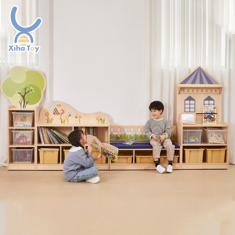 XIHA Daycare Library Bookcase Furniture Nursery Book Shelf Kids Wooden Bookshelf Montessori Kindergarten Classroom Furniture