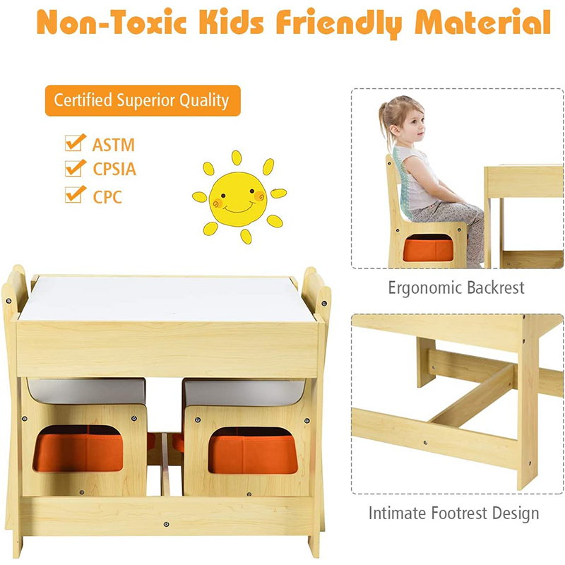 Kids Table and Chair Set 3 in 1 Wooden Activity Table Storage Detachable for Children Drawing Reading Arts Playroom Nursery