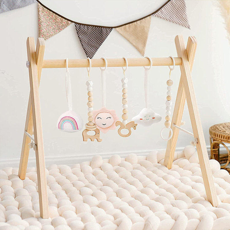 Eco-friendly Montessori Wooden Foldable Baby Play Gym With Mats For baby Activity Gym Frame With Baby Gym Hanging Toys