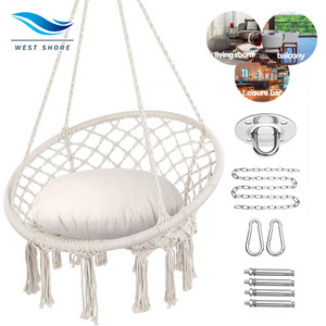 Garden Beige Cotton Rope Round Swing Chair Egg Hammock Chair Macrame Swing Chair Hanging Patio Swings