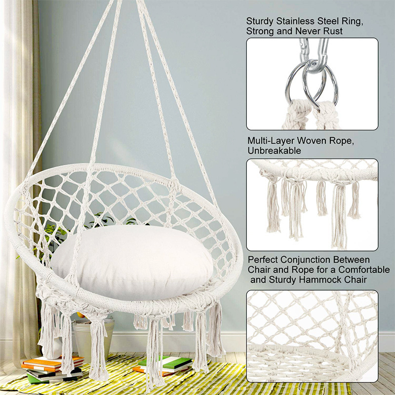 Garden Beige Cotton Rope Round Swing Chair Egg Hammock Chair Macrame Swing Chair Hanging Patio Swings