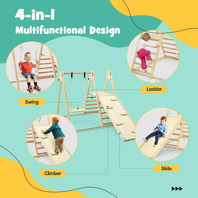 Play Grounds Indoor Wooden Net Climbing Frame Gardenring Climbing Rope Nets Paly Ground Gym Ring Swing And Slide For Kid