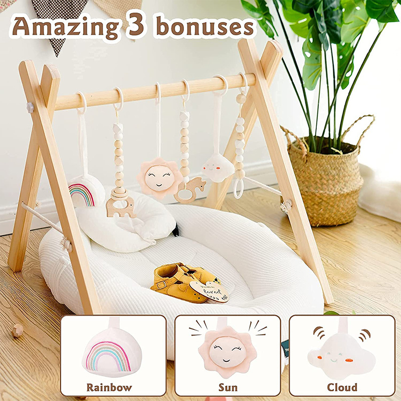 Eco-friendly Montessori Wooden Foldable Baby Play Gym With Mats For baby Activity Gym Frame With Baby Gym Hanging Toys