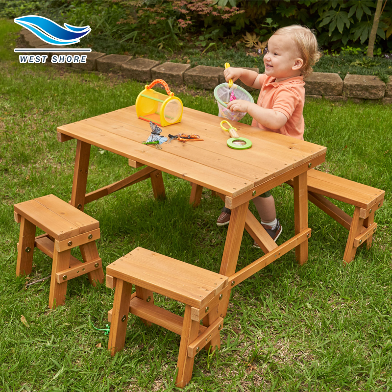 Wooden Outdoor Picnic Table with Three Benches Kids' Patio Furniture Outdoor Wooden Kids Garden Picnic Table Chair