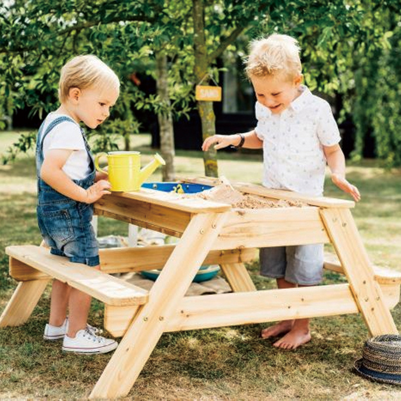 Montessori Wooden Picnic Table for Kids with Sand Play Water and Plastic Boxes Outdoor Kindergarten Daycare Playground