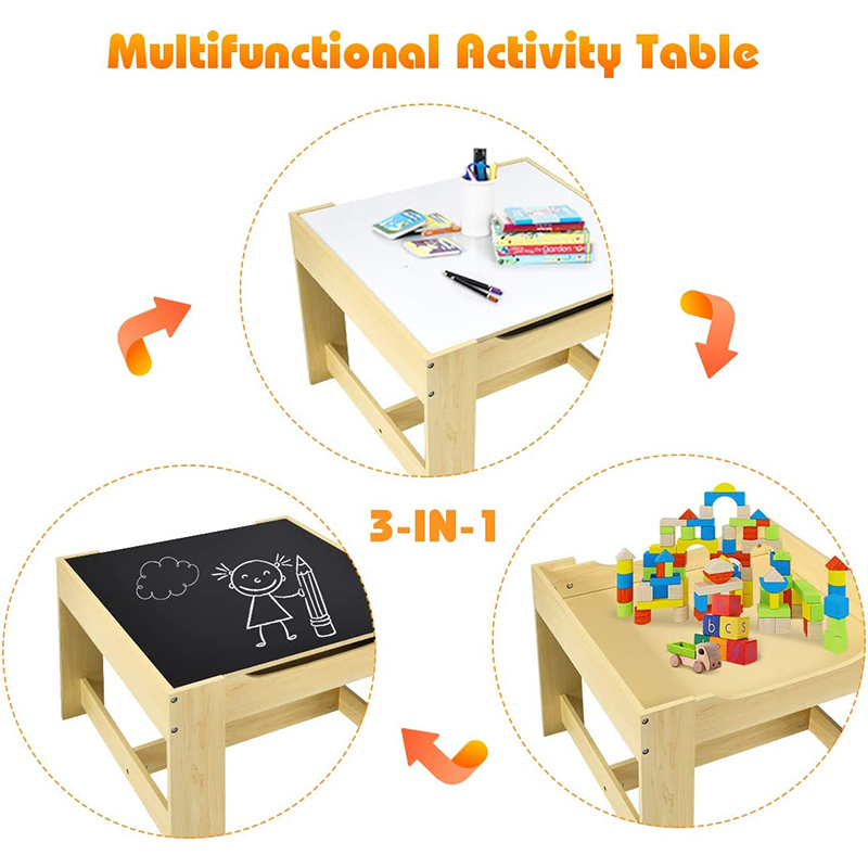 Kids Table and Chair Set 3 in 1 Wooden Activity Table Storage Detachable for Children Drawing Reading Arts Playroom Nursery