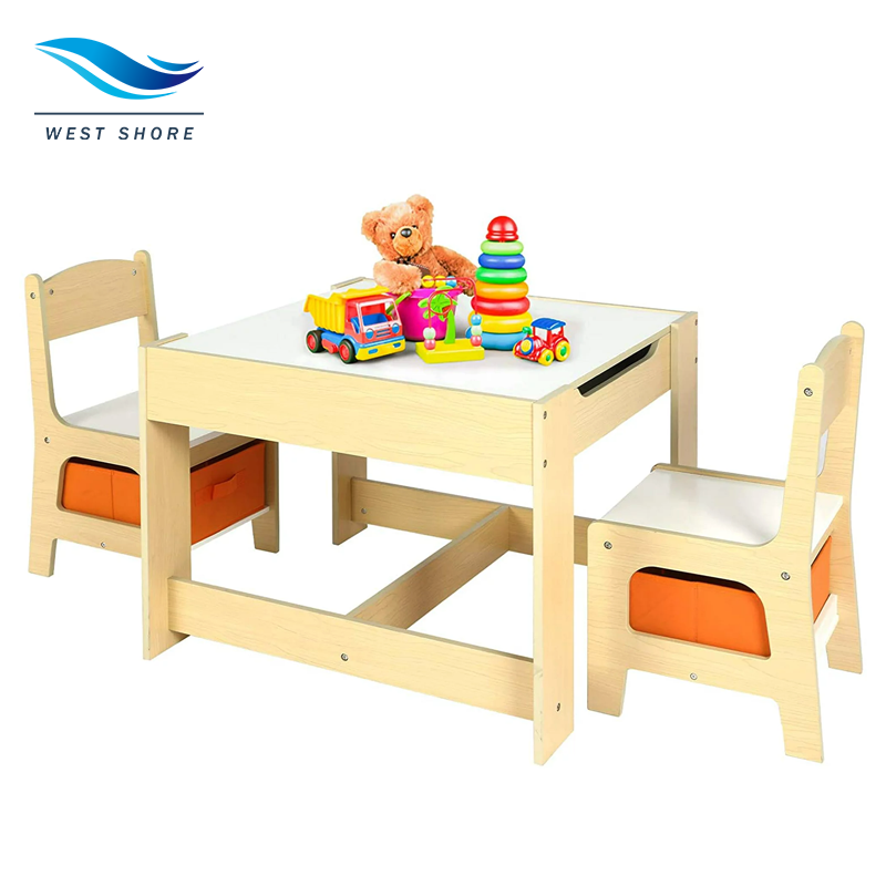 Kids Table and Chair Set 3 in 1 Wooden Activity Table Storage Detachable for Children Drawing Reading Arts Playroom Nursery