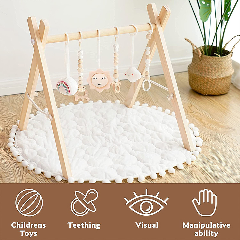 Eco-friendly Montessori Wooden Foldable Baby Play Gym With Mats For baby Activity Gym Frame With Baby Gym Hanging Toys