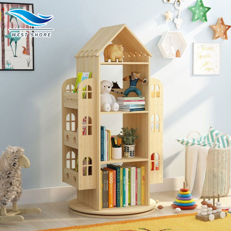 Wooden Rotating Bookshelf Round Modern Bookshelves Library Book Rack For Kid Home Cabinet Bookcase Furniture Display Shelf