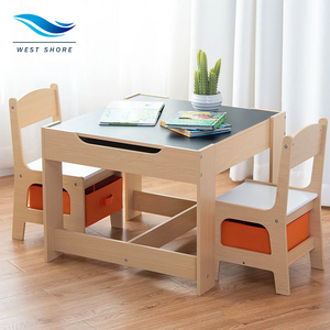 3 Piece Children Wooden Furniture Set Kids Activity Play Table and 2 Chairs With Storage Boxes Blackboard Drawing