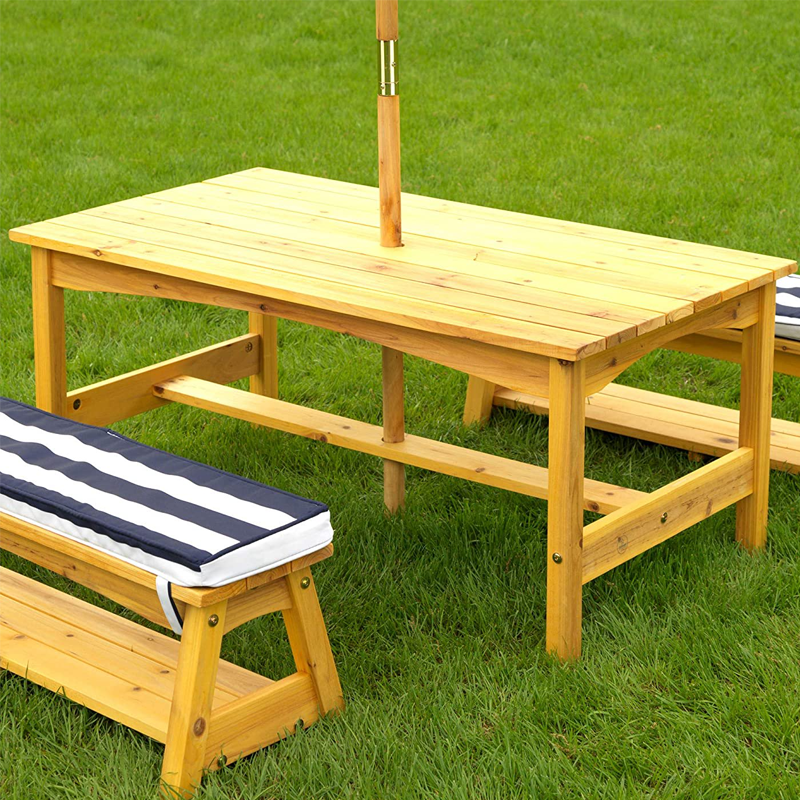 Outdoor Wooden Table & Bench Set with Cushions and Umbrella Kids Backyard Furniture Gift for Ages 3