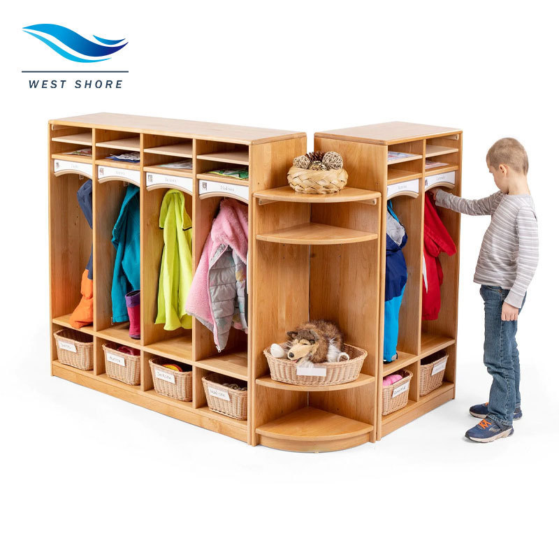 Kindergarten Preschool Classroom Furniture Bag Clothes Preschool Wooden Modern Kid Bookcase Dress Up Storage