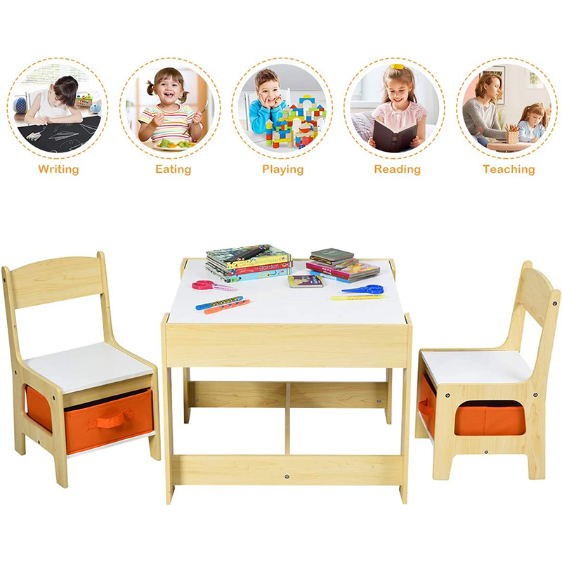 3 Piece Children Wooden Furniture Set Kids Activity Play Table and 2 Chairs With Storage Boxes Blackboard Drawing