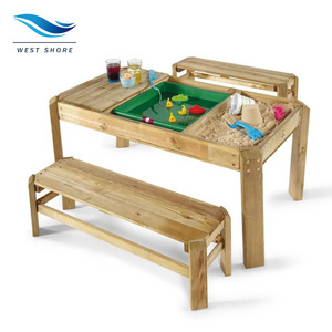 Montessori Wooden Picnic Table for Kids with Sand Play Water and Plastic Boxes Outdoor Kindergarten Daycare Playground