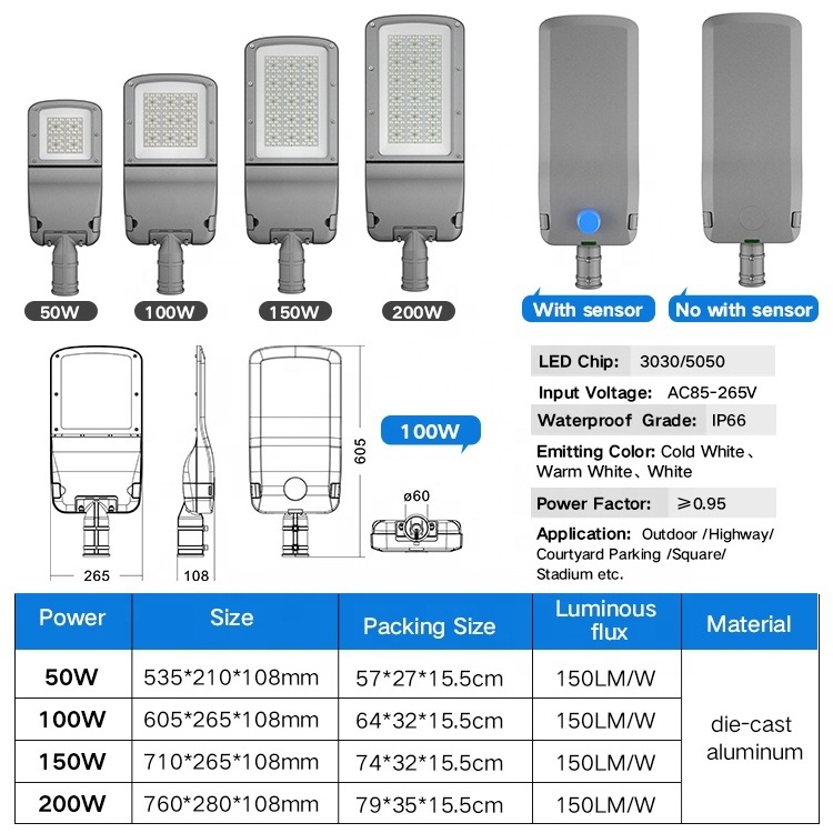 Die Casting Waterproof IP65 Aluminum 50W 100W 150W 200W Streetlight Outdoor Led Street Light