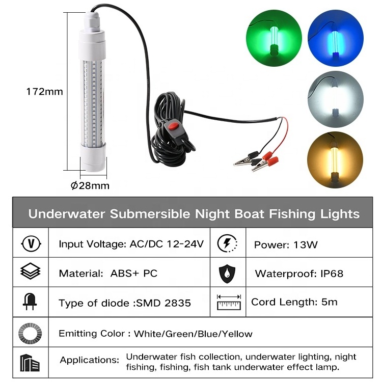 12V 24V Commercial 13W Green Blue Ip68 Under Water Fishing Lamp Night Underwater Submersible Led Fishing Lights