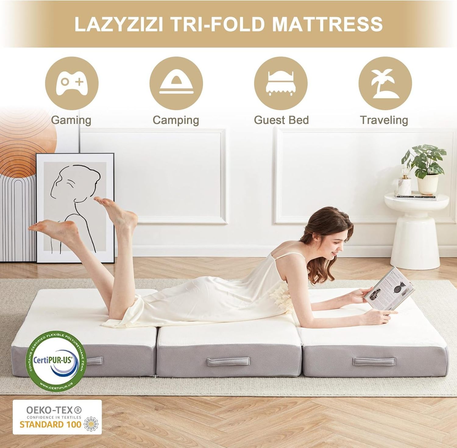 6 Inch Memory Foam Tri-fold Mattress with Breathable & Washable Bamboo Fiber Fabric Cover, Foldable Floor Mattress Guest Bed for