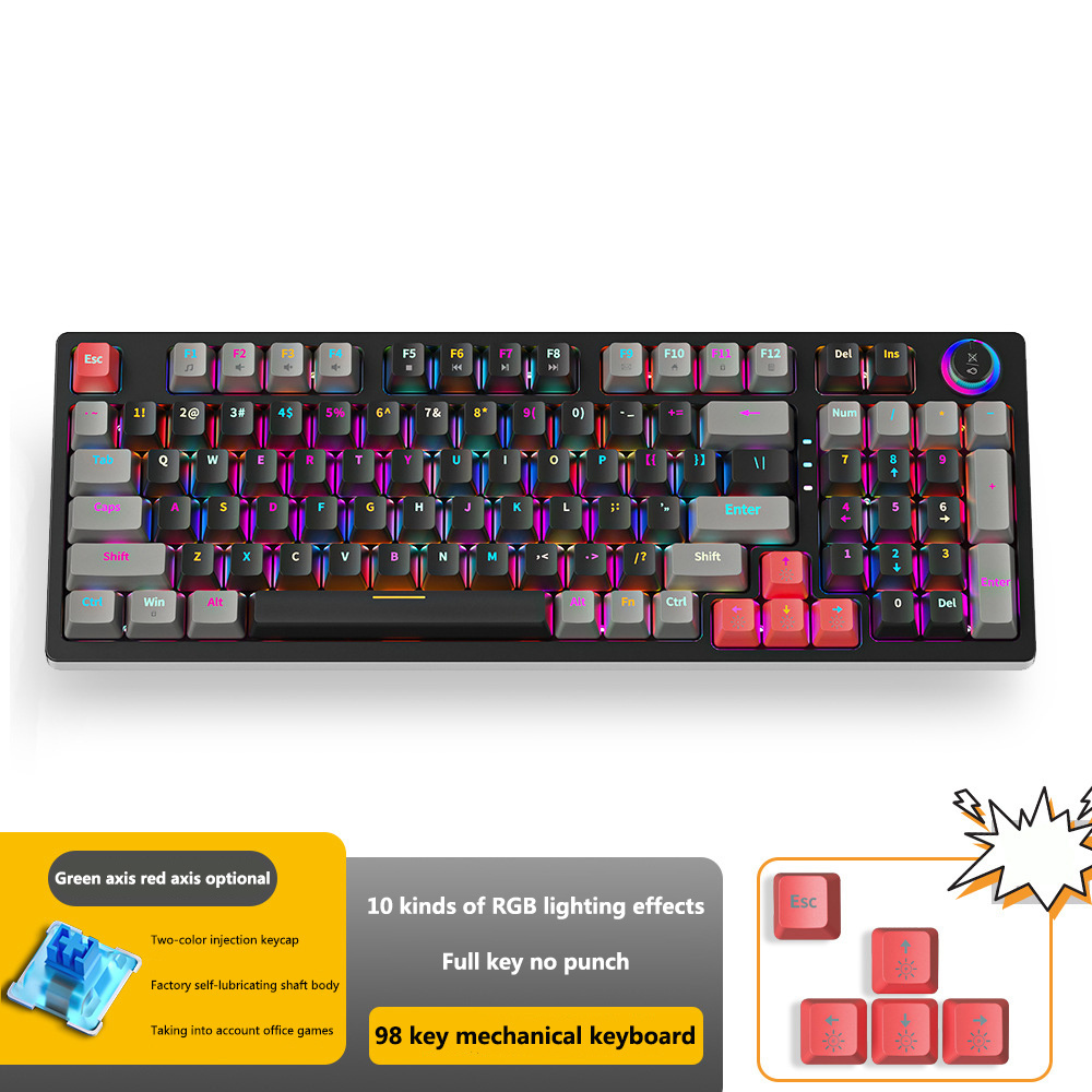 Mix Color Backlit RGB Gaming Mechanical Keyboard Green Switches Red Switches 98 Keys Gaming Peripheral Wired Mechanical Keyboard