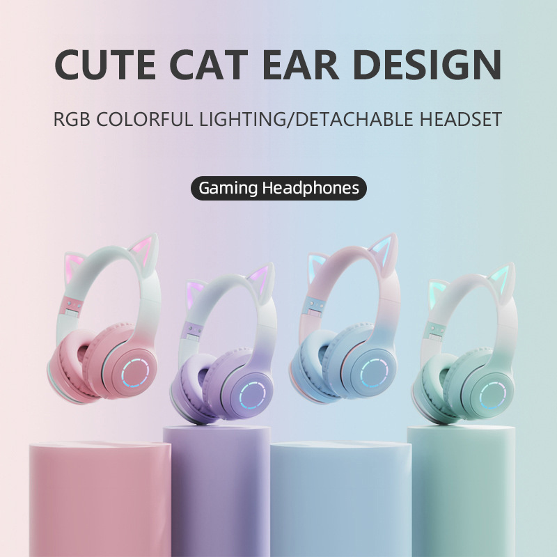 Cat Ears RGB Luminous Gaming E-sports Detachable Headset Folding Wireless Bluetooth Toy Headphone