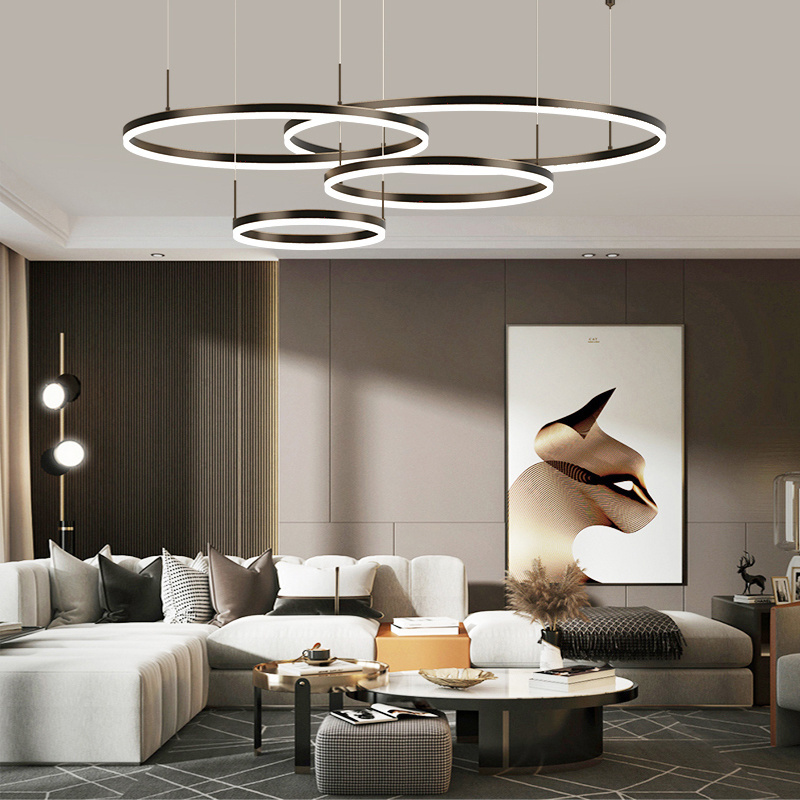 3 4 5 Rings Luxury Acrylic Modern Lighting Grand Gold Circle Chandelier Pendant Lights For Living Room