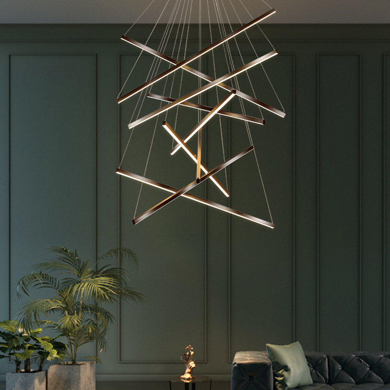 Nordic Modern Villa Living Room Minimalist Creative Long Led Line Lamps Black Stair Chandelier