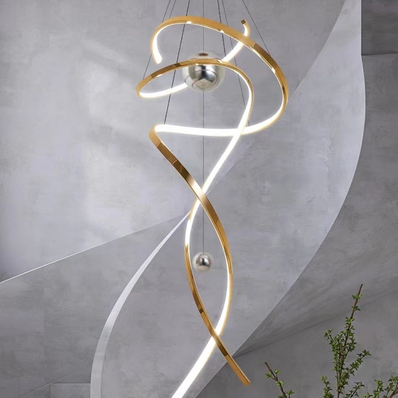 2024 Modern Stainless Steel Gold Art Streamer Villa Hotel Ring Big Stair Pendant Lights Led Chandelier