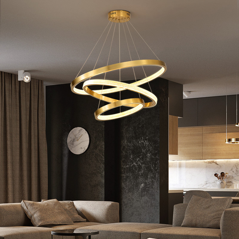 Luxury 3 Steel Mirror Gold Rings Fancy Light Restaurant Pendant Hanging Lighting Light Fixtures For Living Room Decor