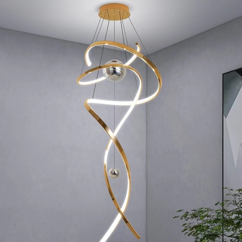 2024 Modern Stainless Steel Gold Art Streamer Villa Hotel Ring Big Stair Pendant Lights Led Chandelier