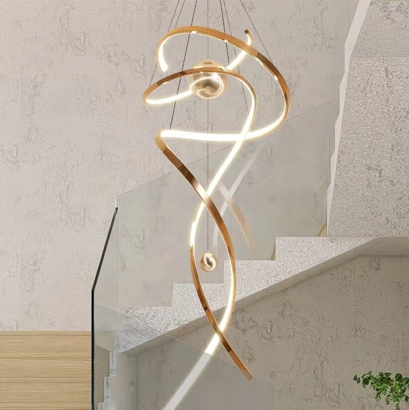 2024 Modern Stainless Steel Gold Art Streamer Villa Hotel Ring Big Stair Pendant Lights Led Chandelier