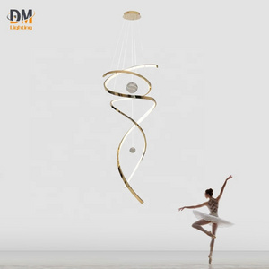 2024 Modern Stainless Steel Gold Art Streamer Villa Hotel Ring Big Stair Pendant Lights Led Chandelier