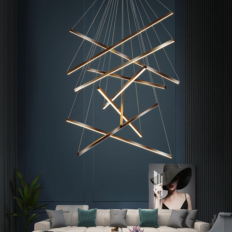 Nordic Modern Villa Living Room Minimalist Creative Long Led Line Lamps Black Stair Chandelier