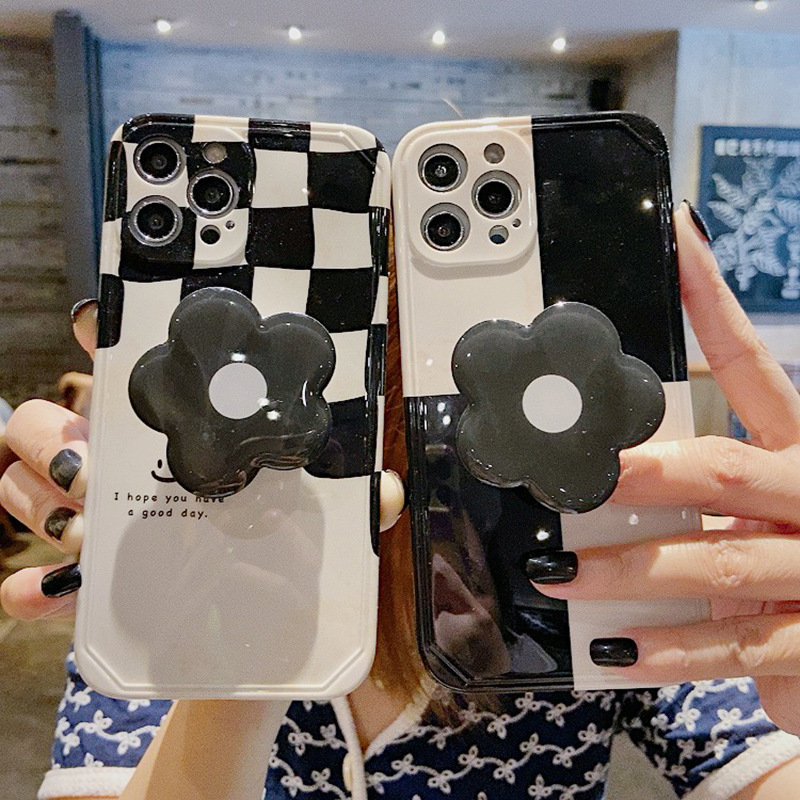 Geometry Plaid Soft Cell Phone Case With Flower Holder For iPhone 11 12 13 Pro Max X XR XS Cute Protection Back Cover