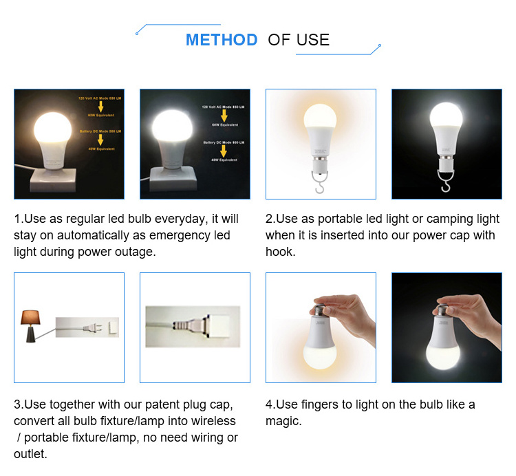 Rechargeable Emergency Backups Touch Lighting Lamp 9w 800lm E26 3000k 5000k Light Bulb For Power Outage Camping Outdoor Home