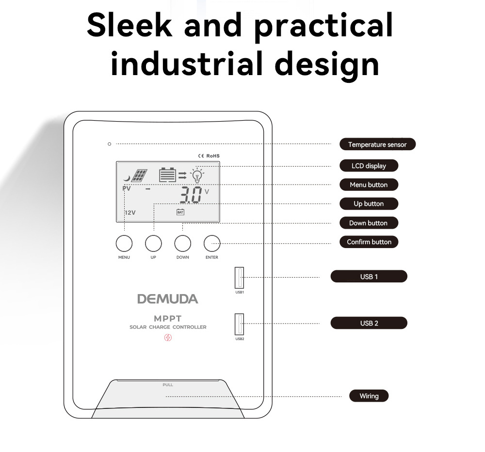 Demuda Factory Solar Charge Controller Mppt USB Manual 12V 24V 48V DC 30A 40A 60A LCD Display PV Panel Battery Regulator
