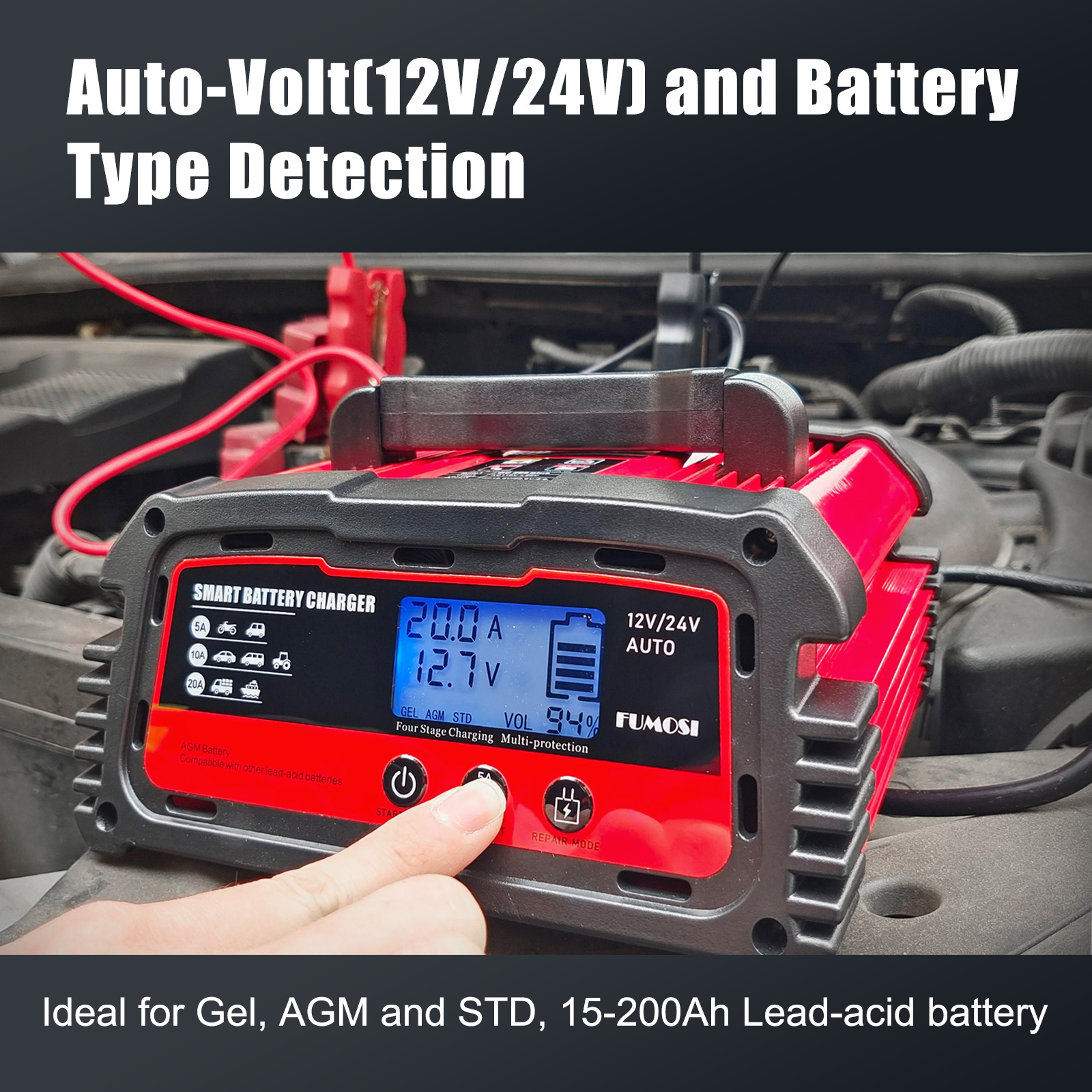 Automatic Smart Lead Acid Charger 12V and 24V 20A Portable Car Battery Charger Maintainer Trickle Charger Battery Desulfator