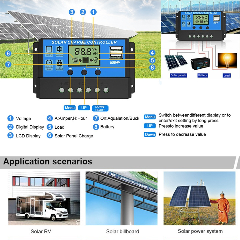 12V 24V Solar Panel Regulator with Adjustable LCD Display Dual USB Timer Setting PWM Auto Parameter Solar Charge Controller 30a