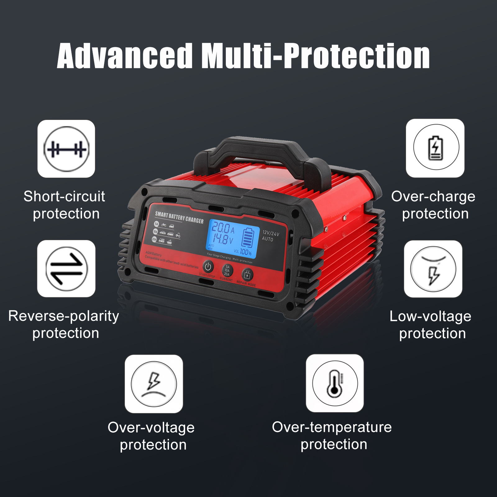 Portable Smart Maintainer Full Automatic Electric Vehicle Lithium Lifepo4 18650 Battery Charger 24V 20A 12V Car Battery Charging