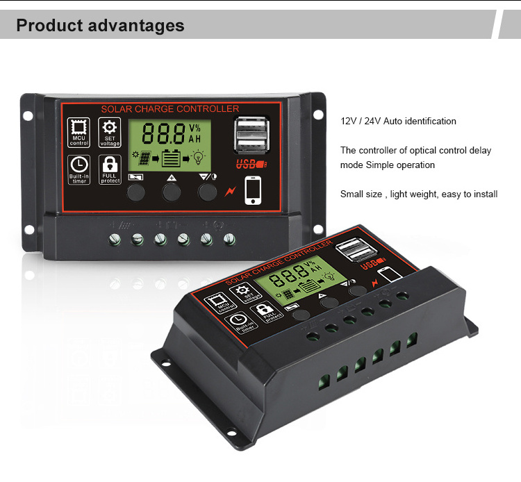 Timer setting ON/Off Hours 12V 24V Auto 10a 20a 30a solar regulator PWM Off Grid Solar Panel Charge Controller with dual USB LCD