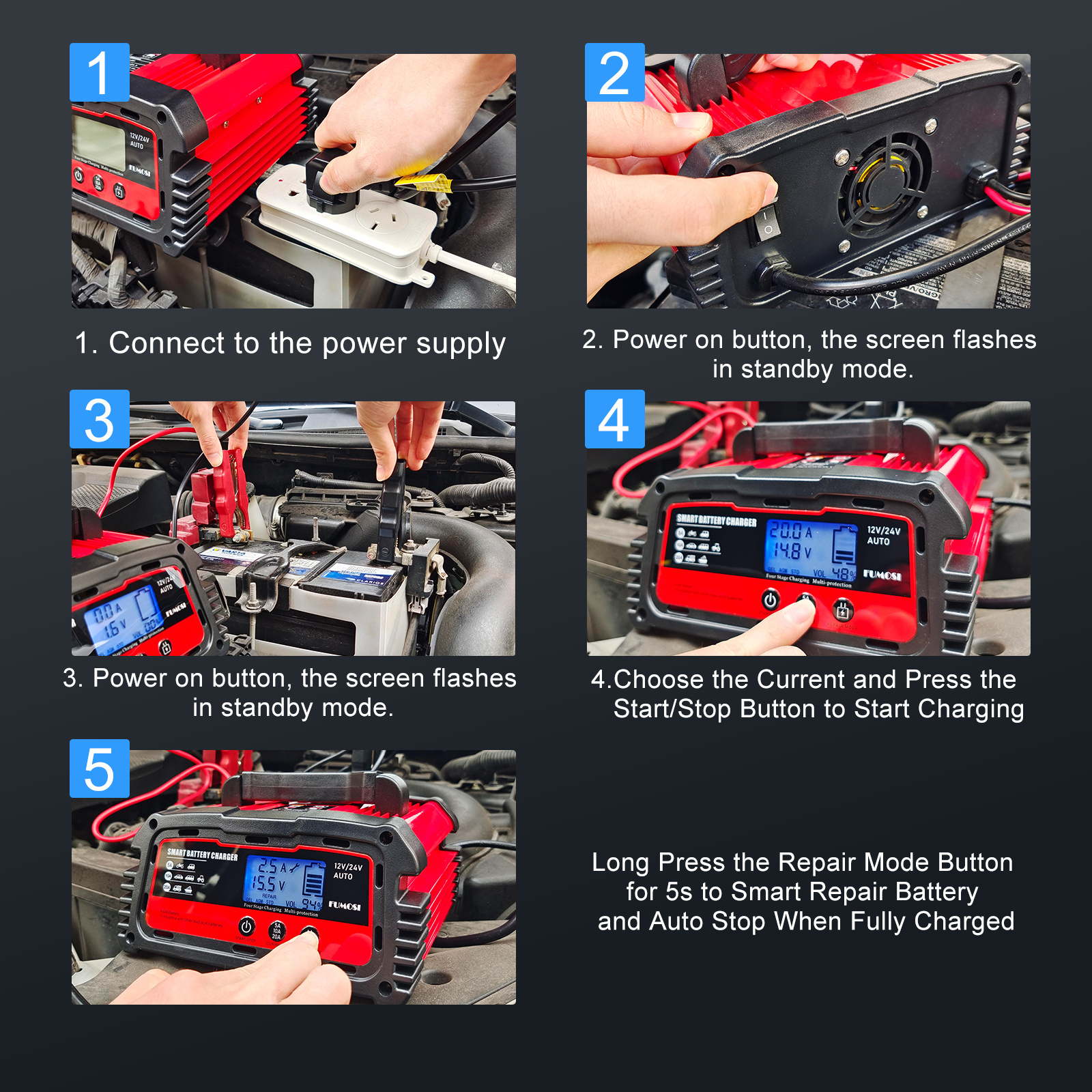 Portable Quick Car Battery Charger 10ah 20ah 12v 24v 12 Volt Car Lead Acid Electric Rechargeable Motorcycle Maintainer Charger