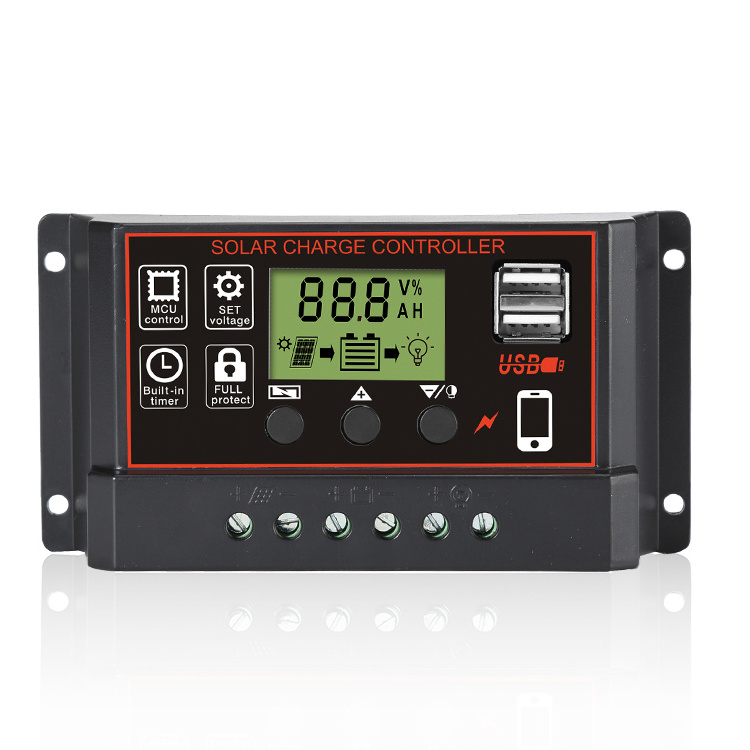 Timer setting ON/Off Hours 12V 24V Auto 10a 20a 30a solar regulator PWM Off Grid Solar Panel Charge Controller with dual USB LCD