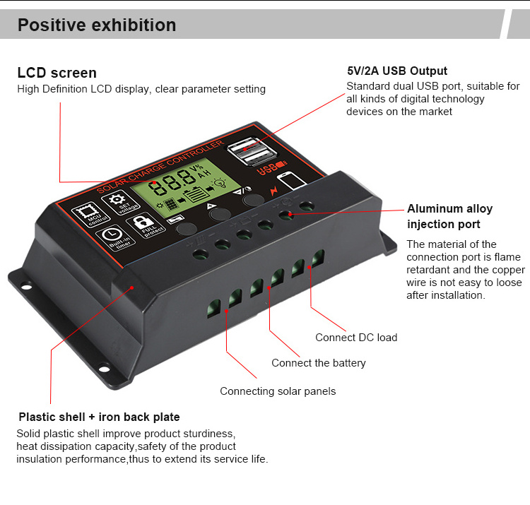 Timer setting ON/Off Hours 12V 24V Auto 10a 20a 30a solar regulator PWM Off Grid Solar Panel Charge Controller with dual USB LCD