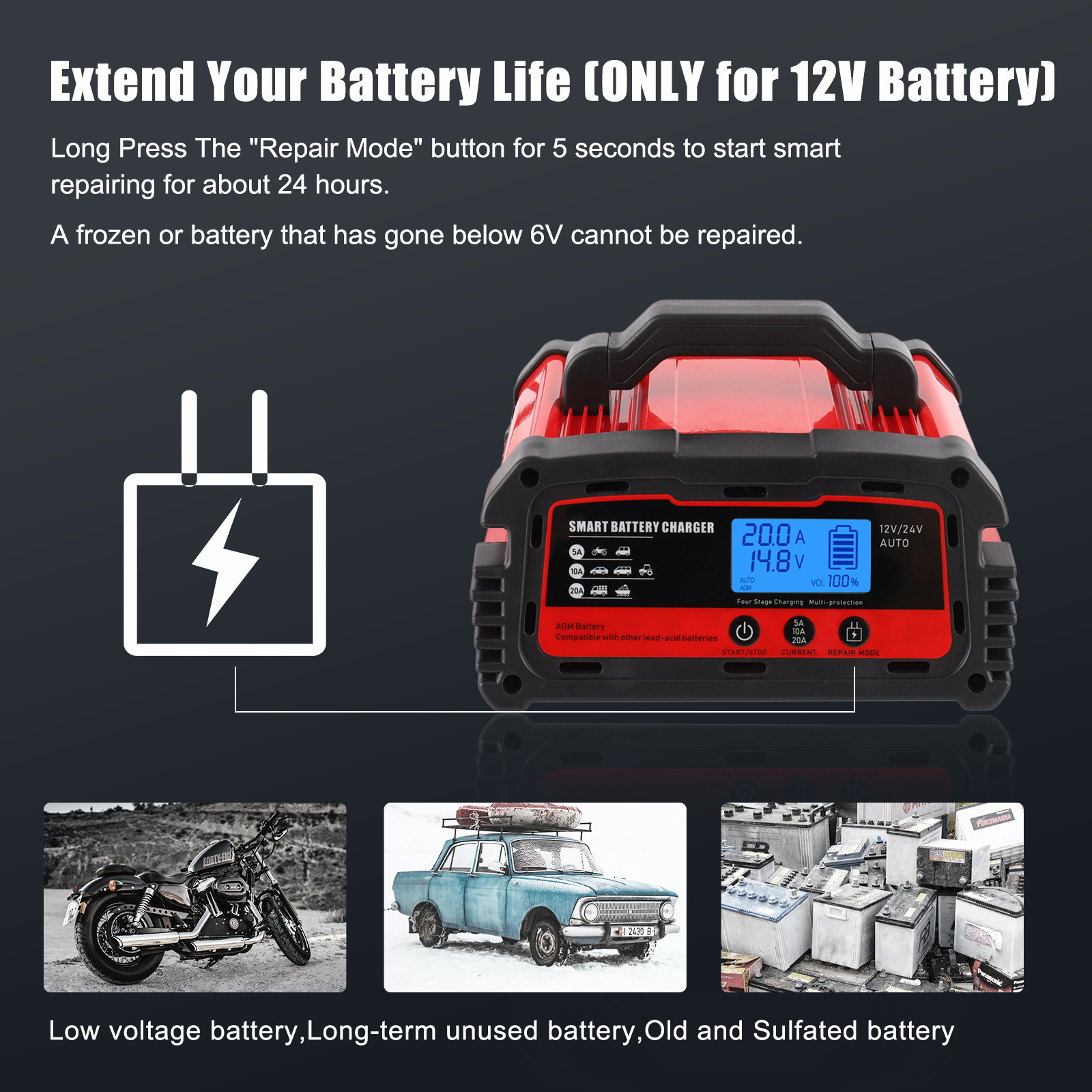 Portable Smart Maintainer Full Automatic Electric Vehicle Lithium Lifepo4 18650 Battery Charger 24V 20A 12V Car Battery Charging