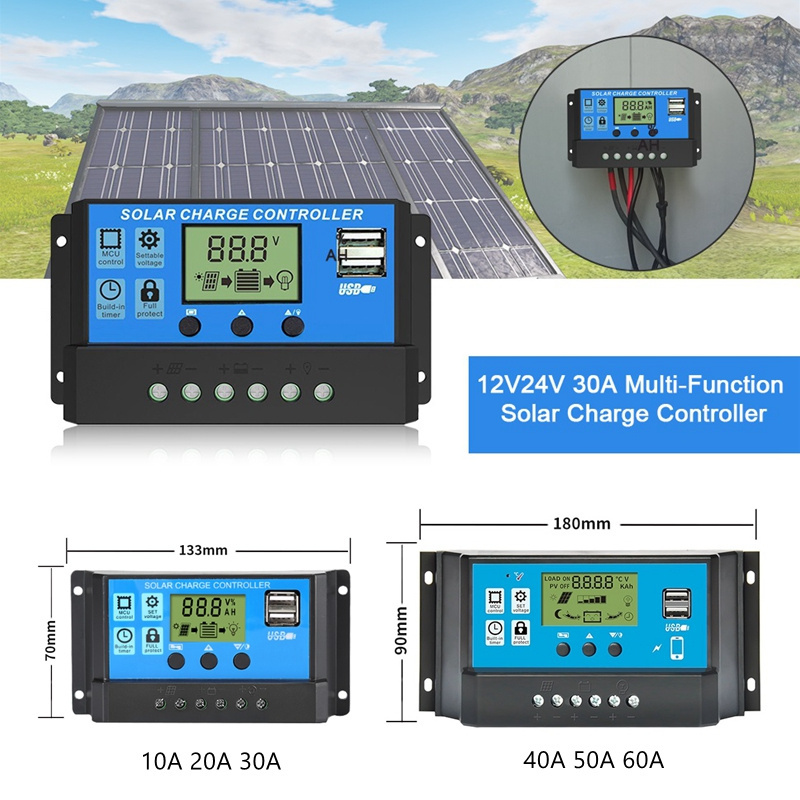 Smart Solar Panel Controller Regulator 24V 12V DC Output Bulb 10A 30A 50A 60A 20A Manual PWM Solar Charger Controllers