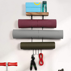 Yoga Mat Holder Wall Mount Yoga Mat Storage Home Gym Accessories with Wood Floating Shelves and Hooks