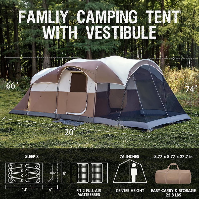 Large Family Camping Tent for 6/8 People Waterproof Oxford Fabric Tunnel Tent with Screen Room for Outdoor Parties Rain Fly