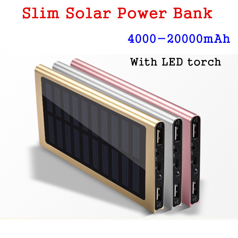 Aluminium Alloy Ultra Thin Solar Power Bank 20000mah Usb Solar Panel Power Bank Charger For Mobile Phone