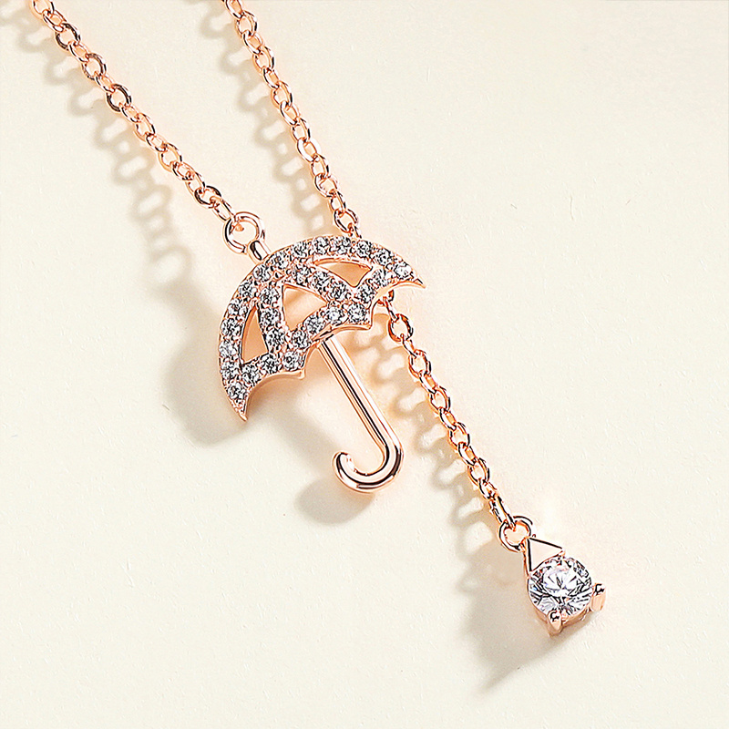 Female Sterling Silver 925 Necklace Dazzling Umbrella Shape Zircon Pendant Rose Gold Plated Wonderful Jewelry