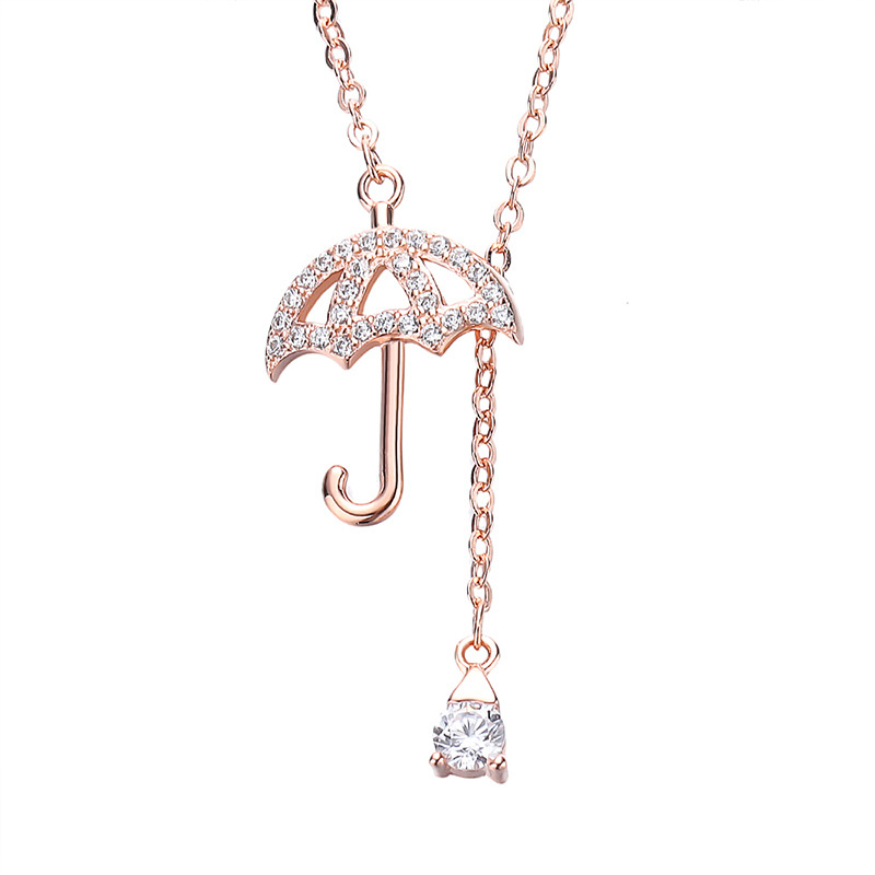 Female Sterling Silver 925 Necklace Dazzling Umbrella Shape Zircon Pendant Rose Gold Plated Wonderful Jewelry