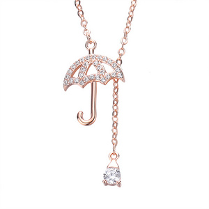 Female Sterling Silver 925 Necklace Dazzling Umbrella Shape Zircon Pendant Rose Gold Plated Wonderful Jewelry