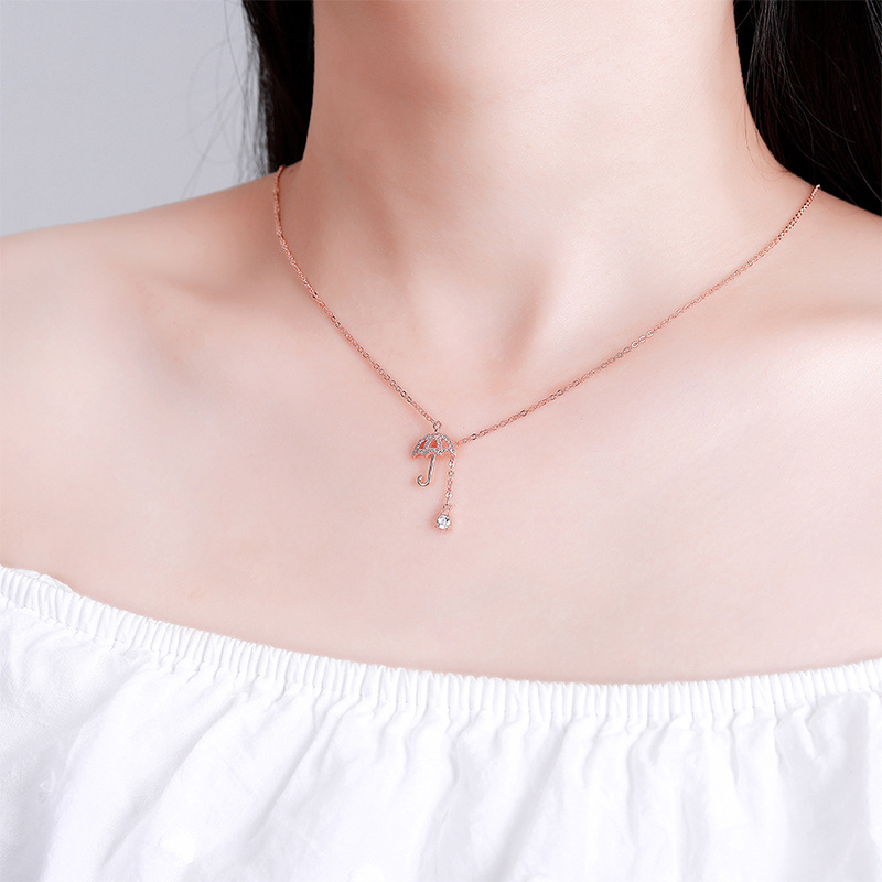 Female Sterling Silver 925 Necklace Dazzling Umbrella Shape Zircon Pendant Rose Gold Plated Wonderful Jewelry